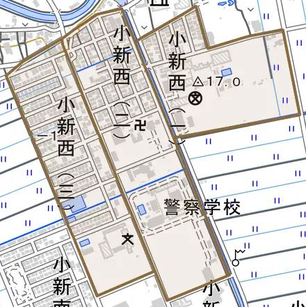 小新西とその周辺の地図。町の範囲を重ねている