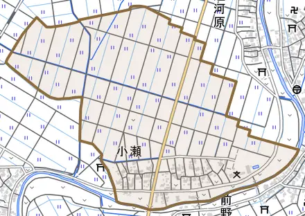 小瀬とその周辺の地図。町の範囲を重ねている