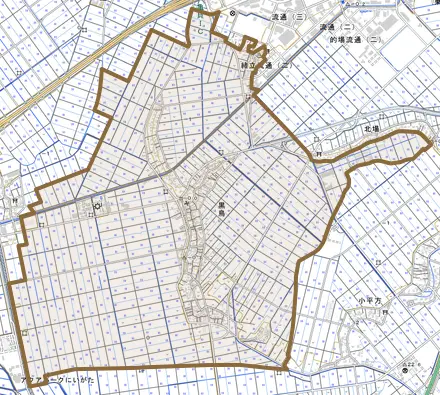 黒鳥とその周辺の地図。町の範囲を重ねている