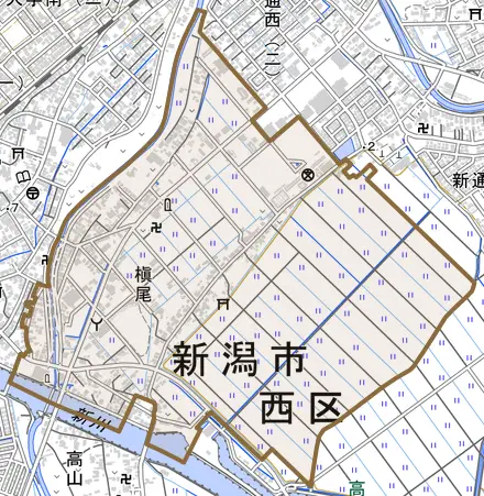 槇尾とその周辺の地図。町の範囲を重ねている