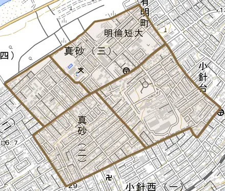真砂とその周辺の地図。町の範囲を重ねている