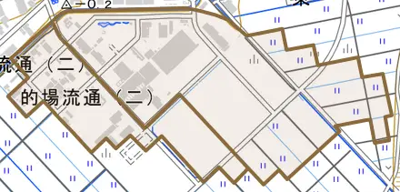 的場流通とその周辺の地図。町の範囲を重ねている