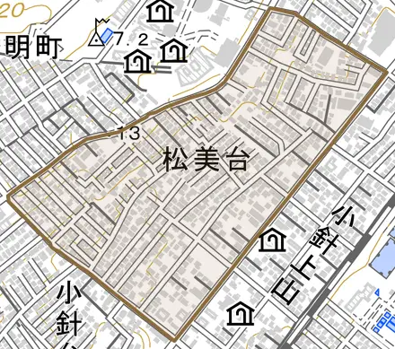 松美台とその周辺の地図。町の範囲を重ねている