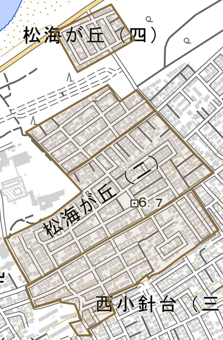 松海が丘とその周辺の地図。町の範囲を重ねている