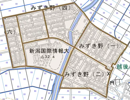 みずき野とその周辺の地図。町の範囲を重ねている