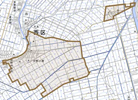 中野小屋とその周辺の地図。町の範囲を重ねている