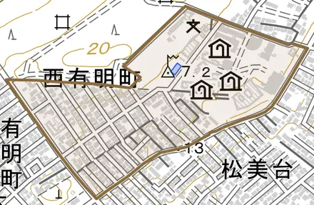 西有明町とその周辺の地図。町の範囲を重ねている