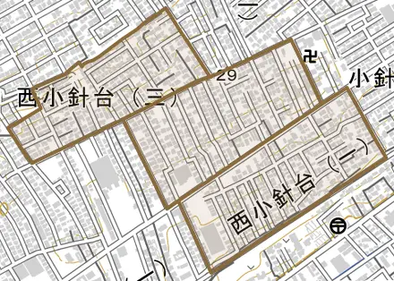 西小針台とその周辺の地図。町の範囲を重ねている