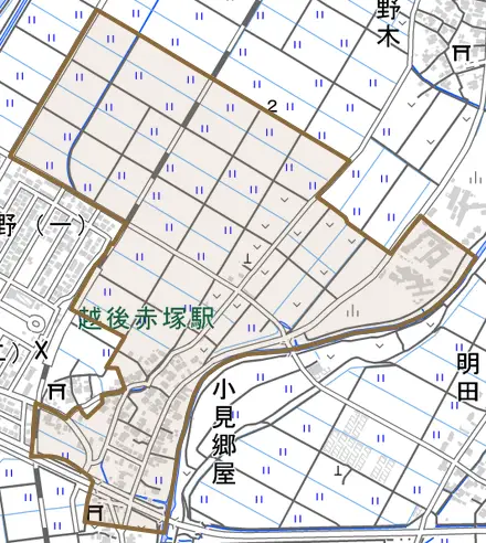 小見郷屋とその周辺の地図。町の範囲を重ねている