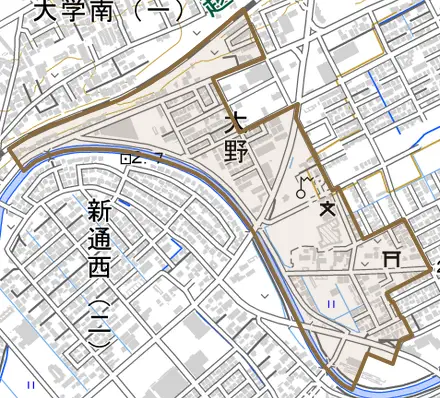 大野とその周辺の地図。町の範囲を重ねている
