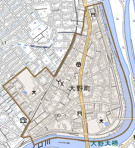 大野町とその周辺の地図。町の範囲を重ねている