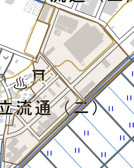 緒立流通とその周辺の地図。町の範囲を重ねている