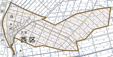大友とその周辺の地図。町の範囲を重ねている
