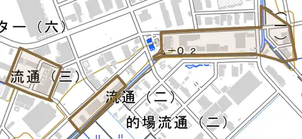 流通とその周辺の地図。町の範囲を重ねている