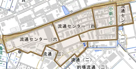 流通センターとその周辺の地図。町の範囲を重ねている
