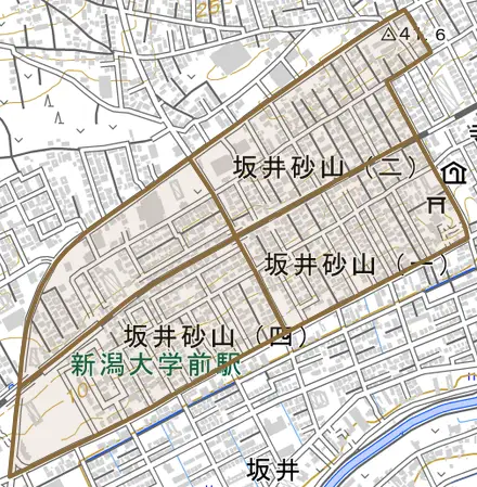 坂井砂山とその周辺の地図。町の範囲を重ねている