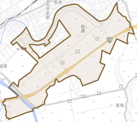 新通とその周辺の地図。町の範囲を重ねている