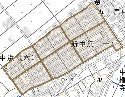 新中浜とその周辺の地図。町の範囲を重ねている