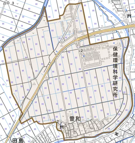曽和とその周辺の地図。町の範囲を重ねている