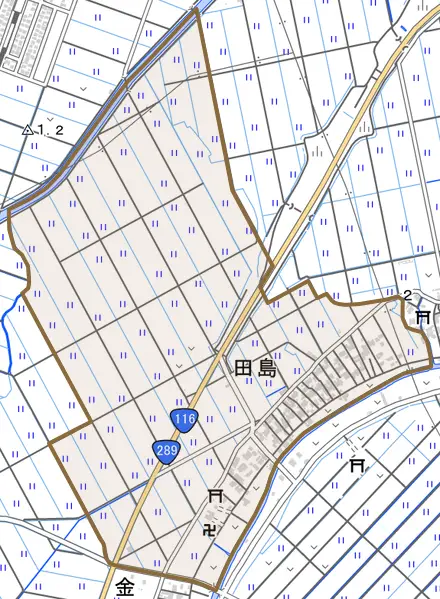 田島とその周辺の地図。町の範囲を重ねている