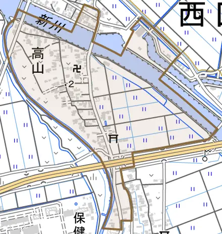 高山とその周辺の地図。町の範囲を重ねている