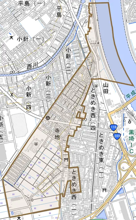 寺地とその周辺の地図。町の範囲を重ねている