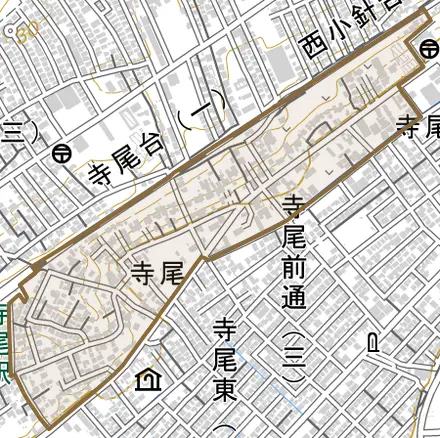 寺尾とその周辺の地図。町の範囲を重ねている