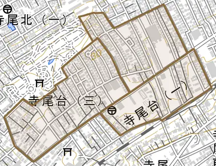 寺尾台とその周辺の地図。町の範囲を重ねている