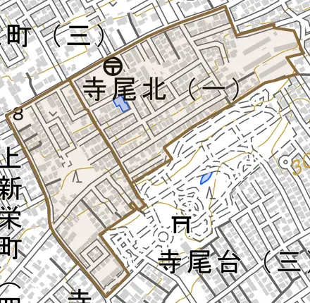 寺尾北とその周辺の地図。町の範囲を重ねている