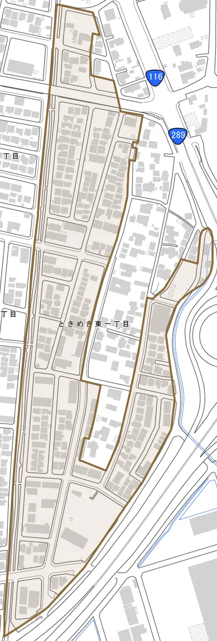 ときめき東とその周辺の地図。町の範囲を重ねている