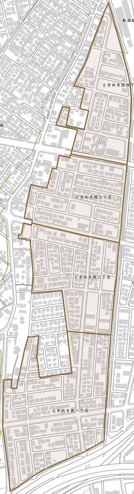 ときめき西とその周辺の地図。町の範囲を重ねている