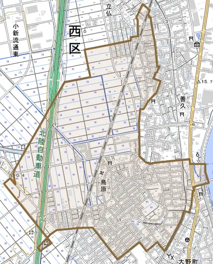 鳥原とその周辺の地図。町の範囲を重ねている