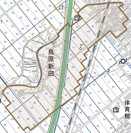 鳥原新田とその周辺の地図。町の範囲を重ねている
