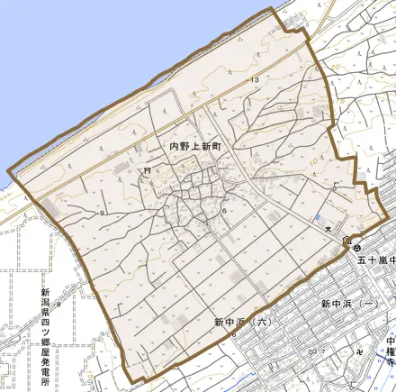 内野上新町とその周辺の地図。町の範囲を重ねている