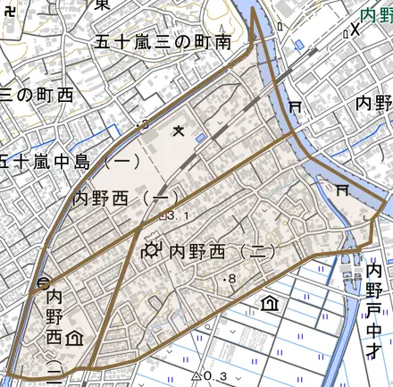 内野西とその周辺の地図。町の範囲を重ねている