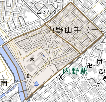 内野山手とその周辺の地図。町の範囲を重ねている