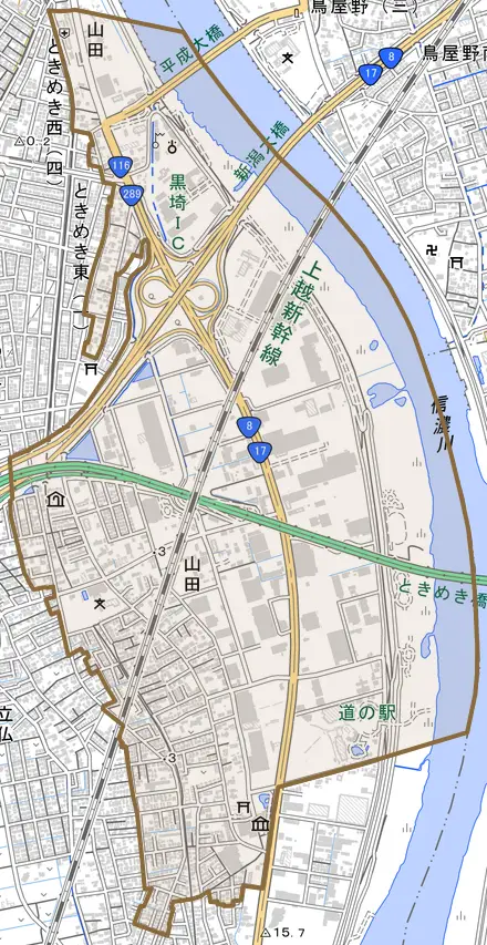 山田とその周辺の地図。町の範囲を重ねている