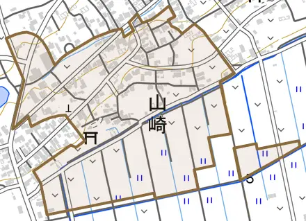 山崎とその周辺の地図。町の範囲を重ねている