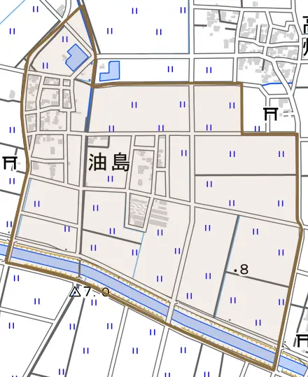 油島とその周辺の地図。町の範囲を重ねている