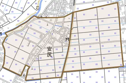 安尻とその周辺の地図。町の範囲を重ねている