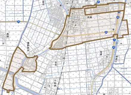 赤鏥とその周辺の地図。町の範囲を重ねている
