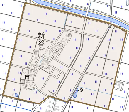 新谷とその周辺の地図。町の範囲を重ねている
