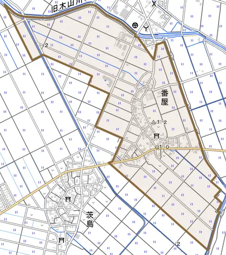 番屋とその周辺の地図。町の範囲を重ねている