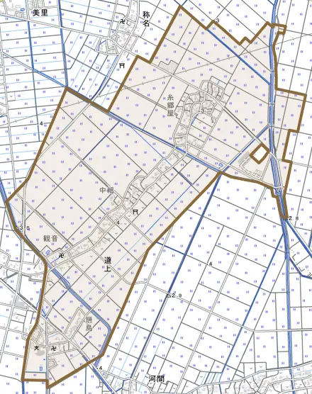 道上とその周辺の地図。町の範囲を重ねている