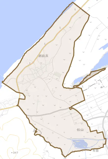 越前浜とその周辺の地図。町の範囲を重ねている