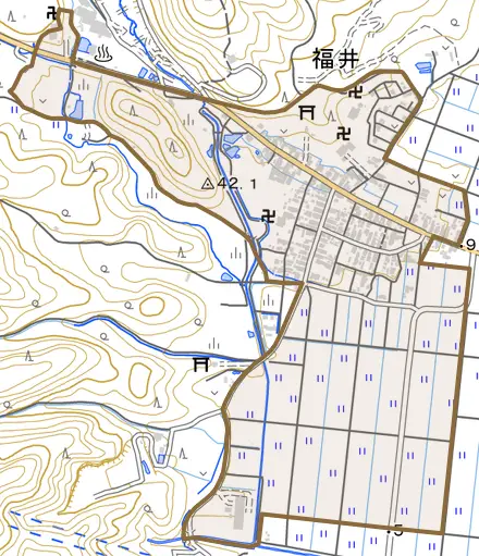 福井とその周辺の地図。町の範囲を重ねている