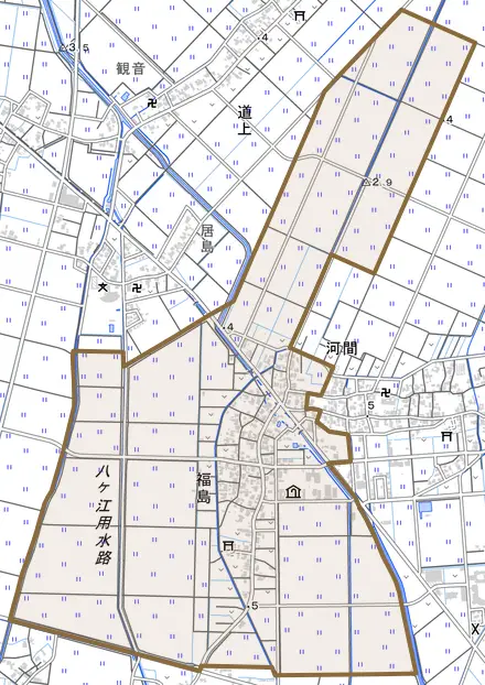 福島とその周辺の地図。町の範囲を重ねている