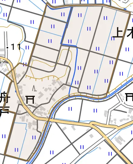 舟戸とその周辺の地図。町の範囲を重ねている