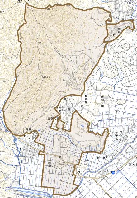伏部とその周辺の地図。町の範囲を重ねている