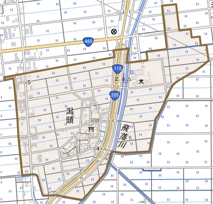 潟頭とその周辺の地図。町の範囲を重ねている